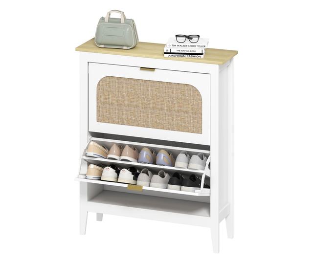 Bohém stílusú keskeny cipőszekrény 2 lehajtható fiókkal, 14 pár cipőhöz, fehér