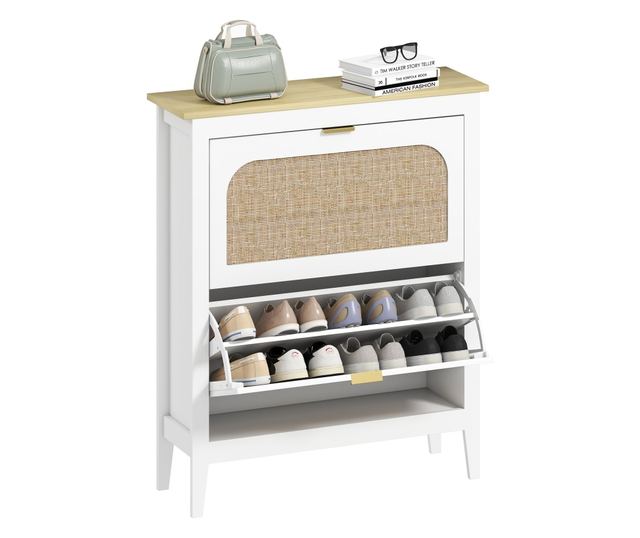 Bohém stílusú keskeny cipőszekrény 2 lehajtható fiókkal, 14 pár cipőhöz, fehér