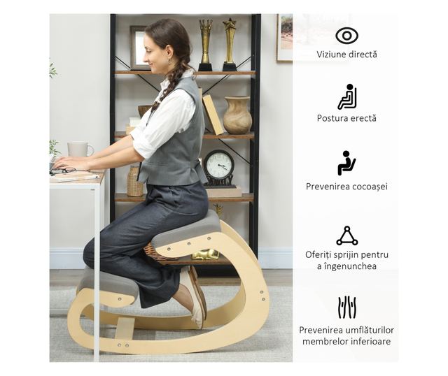 Szövet térdelőszék len hatású anyaggal és fával, világosszürke