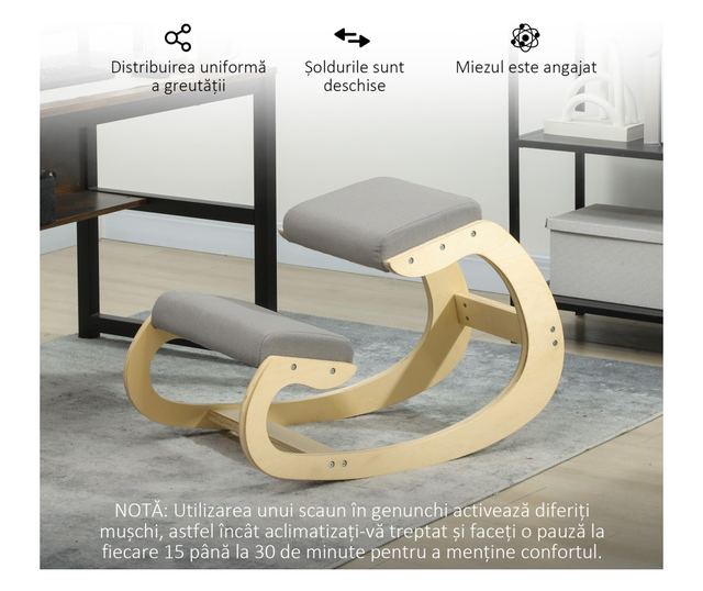 Szövet térdelőszék len hatású anyaggal és fával, világosszürke