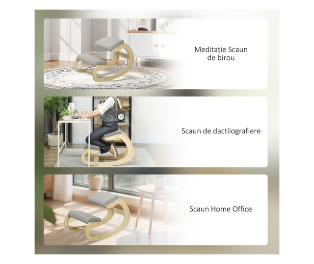 Szövet térdelőszék len hatású anyaggal és fával, világosszürke