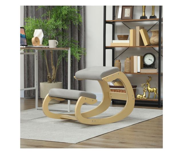 Szövet térdelőszék len hatású anyaggal és fával, világosszürke