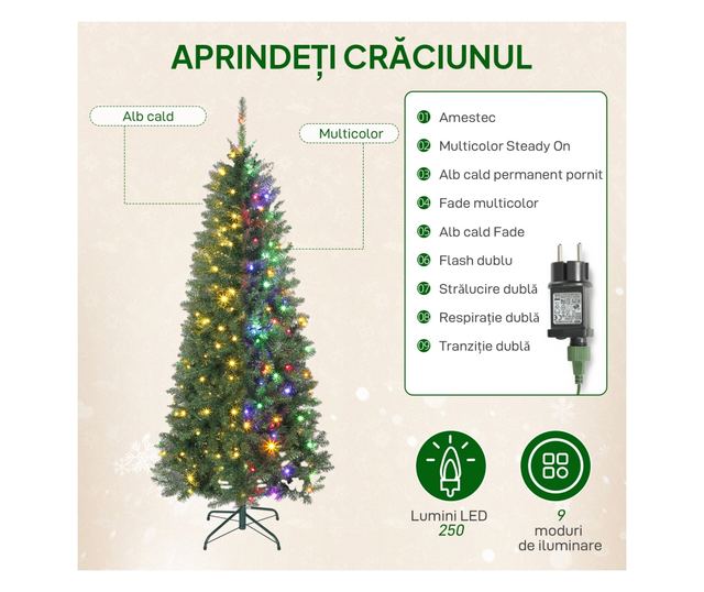 180 cm-es Karácsonyfa 250 fehér és színes fénnyel, 899 ággal