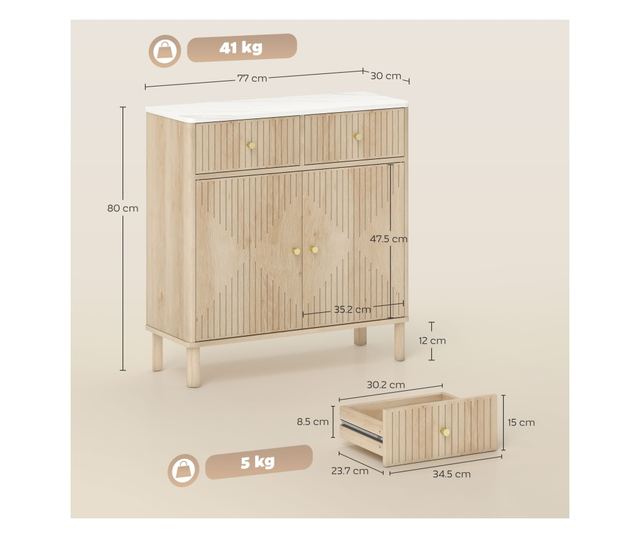 Konyhai Tálalószekrény 2 Fiókkal, Szekrénnyel és Márvány Hatású Tetővel Tölgyfa