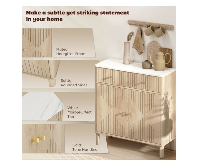 Konyhai Tálalószekrény 2 Fiókkal, Szekrénnyel és Márvány Hatású Tetővel Tölgyfa