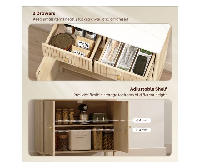 Konyhai Tálalószekrény 2 Fiókkal, Szekrénnyel és Márvány Hatású Tetővel Tölgyfa