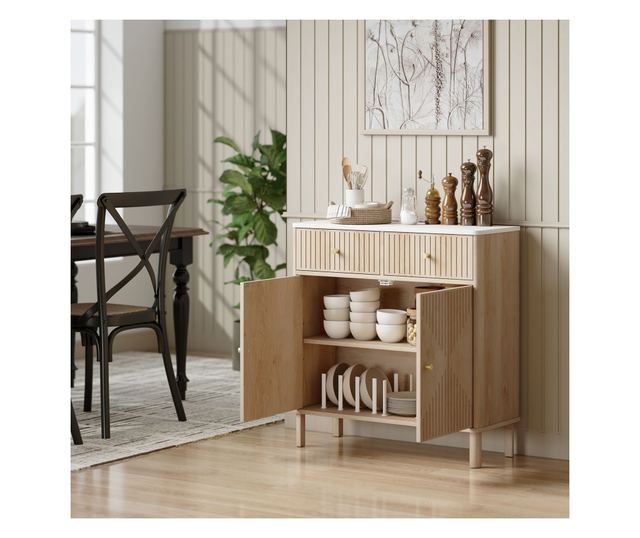 Konyhai Tálalószekrény 2 Fiókkal, Szekrénnyel és Márvány Hatású Tetővel Tölgyfa