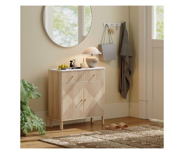 Konyhai Tálalószekrény 2 Fiókkal, Szekrénnyel és Márvány Hatású Tetővel Tölgyfa