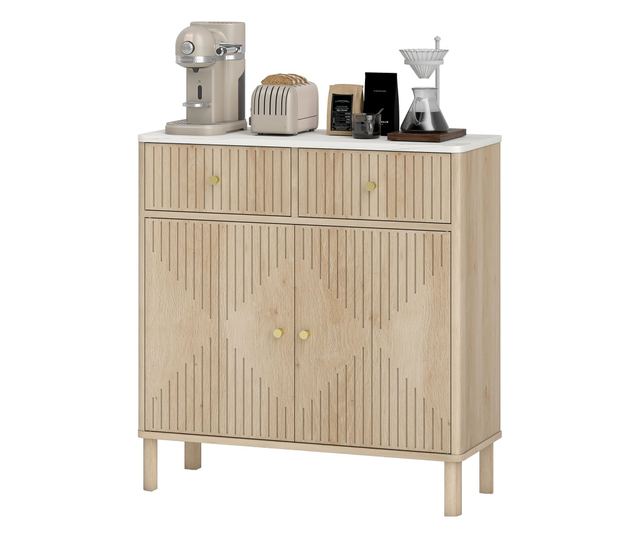 Konyhai Tálalószekrény 2 Fiókkal, Szekrénnyel és Márvány Hatású Tetővel Tölgyfa