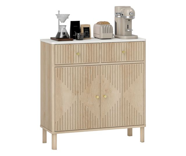 Konyhai Tálalószekrény 2 Fiókkal, Szekrénnyel és Márvány Hatású Tetővel Tölgyfa