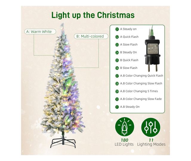 Havas Karácsonyfa 180 LED fénnyel, 11 effekttel és 479 ággal, Ø65x180 cm, zöld és fehér