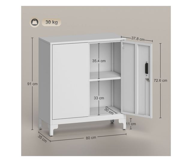 Irodai szekrény 3 polccal, 2 ajtóval és kulcsokkal, 80x35x91 cm, fehér