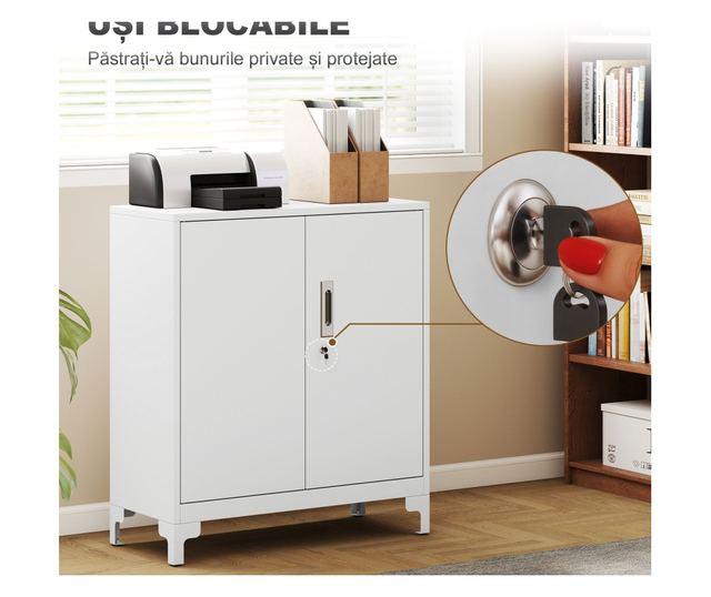 Irodai szekrény 3 polccal, 2 ajtóval és kulcsokkal, 80x35x91 cm, fehér
