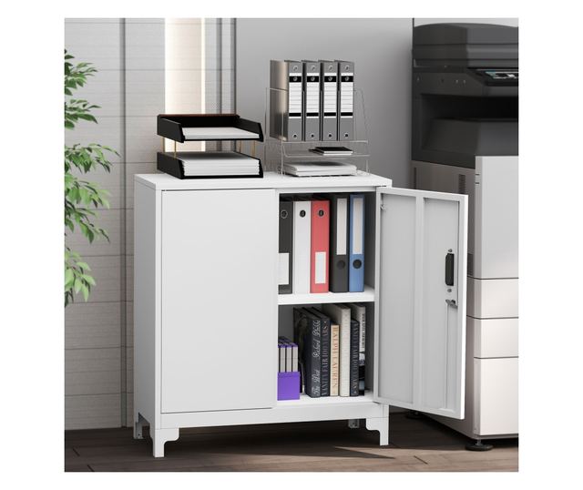 Irodai szekrény 3 polccal, 2 ajtóval és kulcsokkal, 80x35x91 cm, fehér
