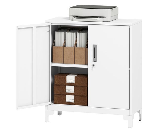 Irodai szekrény 3 polccal, 2 ajtóval és kulcsokkal, 80x35x91 cm, fehér