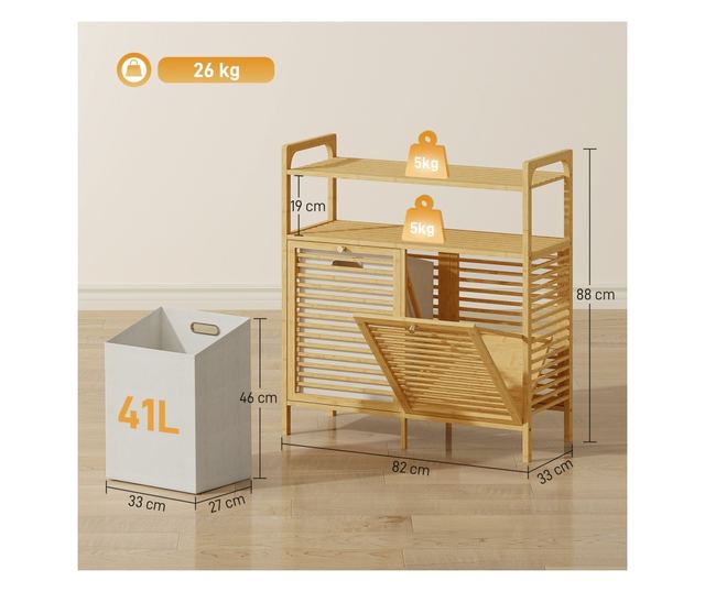 Ruhásszekrény 2 x 41L kosárral és 2 polccal, fa és krémszínű