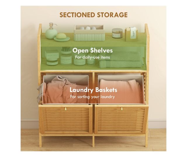 Ruhásszekrény 2 x 41L kosárral és 2 polccal, fa és krémszínű