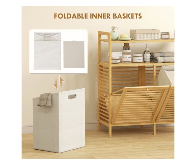Ruhásszekrény 2 x 41L kosárral és 2 polccal, fa és krémszínű
