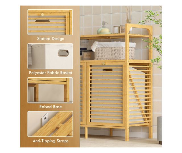 Ruhásszekrény 2 x 41L kosárral és 2 polccal, fa és krémszínű