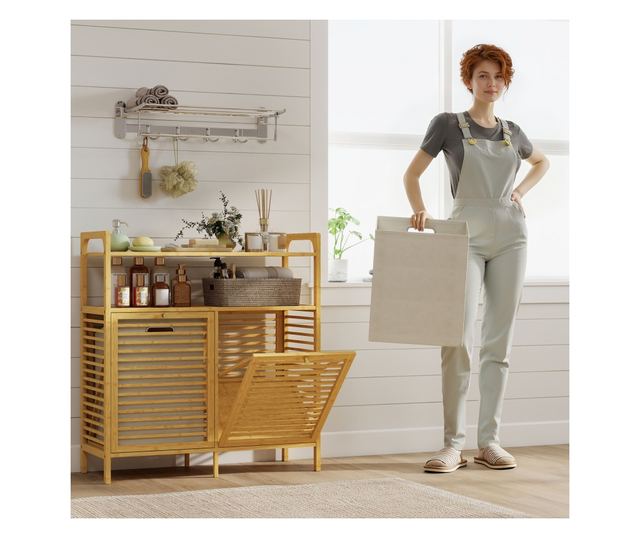 Ruhásszekrény 2 x 41L kosárral és 2 polccal, fa és krémszínű