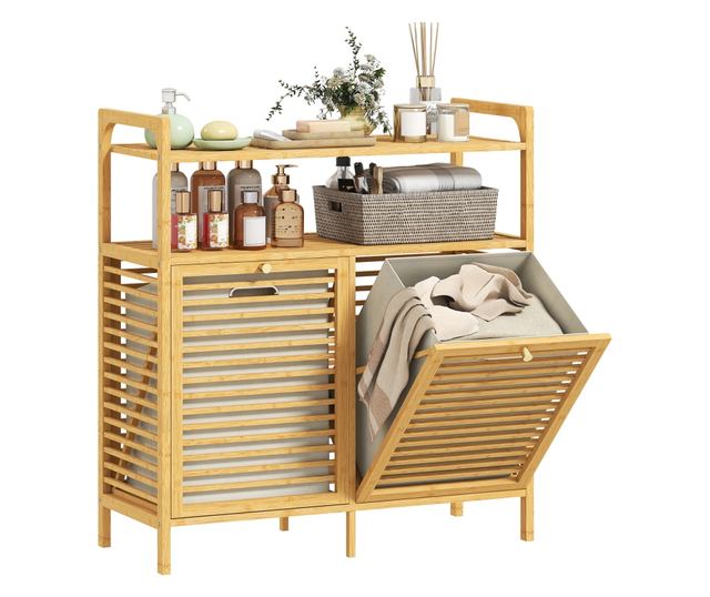 Ruhásszekrény 2 x 41L kosárral és 2 polccal, fa és krémszínű