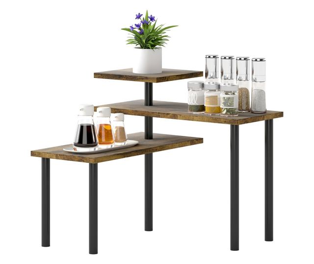 Helytakarékos Forgatható 3 Szintes Konyhai Polc, Fa és Acél, 40x18x36,5 cm, Rusztikus Barna