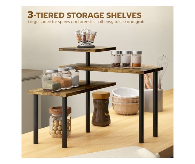 Helytakarékos Forgatható 3 Szintes Konyhai Polc, Fa és Acél, 40x18x36,5 cm, Rusztikus Barna