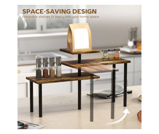 Helytakarékos Forgatható 3 Szintes Konyhai Polc, Fa és Acél, 40x18x36,5 cm, Rusztikus Barna