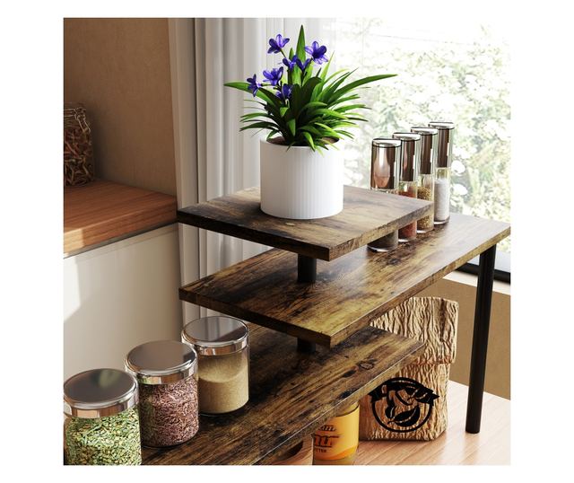 Helytakarékos Forgatható 3 Szintes Konyhai Polc, Fa és Acél, 40x18x36,5 cm, Rusztikus Barna