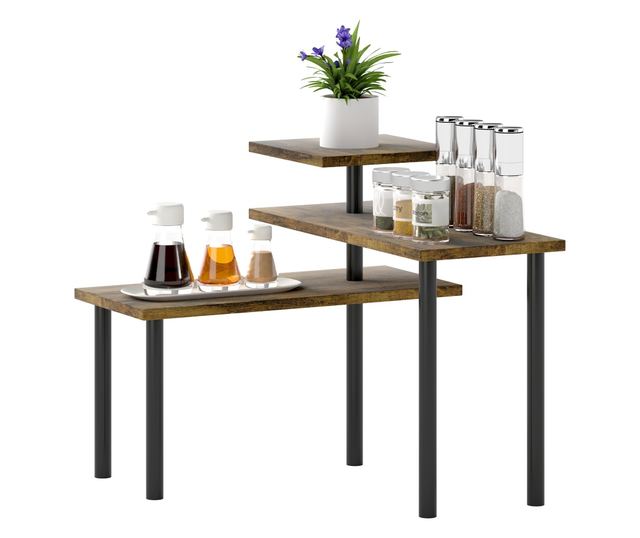 Helytakarékos Forgatható 3 Szintes Konyhai Polc, Fa és Acél, 40x18x36,5 cm, Rusztikus Barna