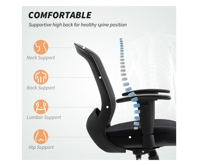 Lélegző és dönthető irodai szék állítható magassággal, fekete