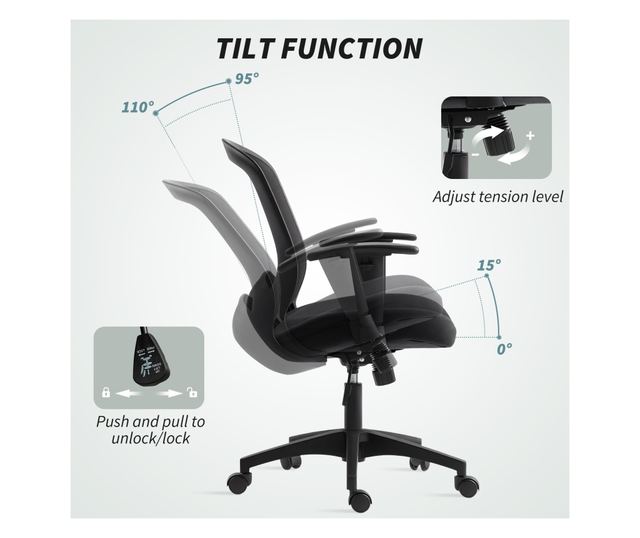 Lélegző és dönthető irodai szék állítható magassággal, fekete