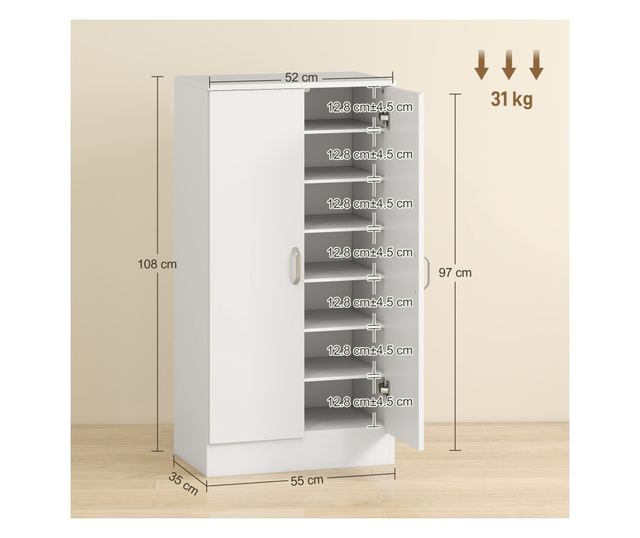 Fehér fa cipősszekrény 6 állítható polccal 55x35x108 cm