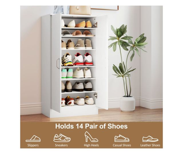 Fehér fa cipősszekrény 6 állítható polccal 55x35x108 cm