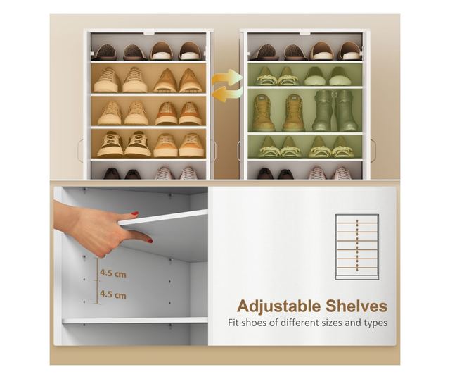 Fehér fa cipősszekrény 6 állítható polccal 55x35x108 cm