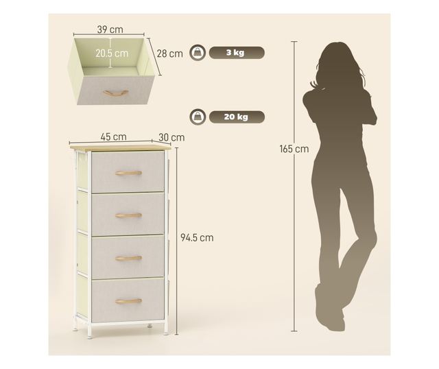 Kompakt komód 4 összecsukható fiókkal, 4 tárolózsebbel és 2 akasztóval