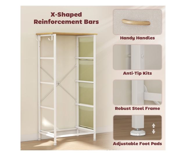 Kompakt komód 4 összecsukható fiókkal, 4 tárolózsebbel és 2 akasztóval