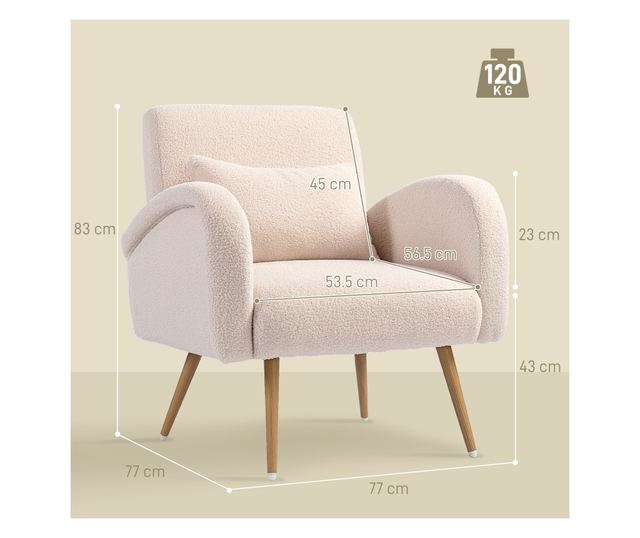 Modern Teddy Bársony Nappali Fotel Derékpárnával, Bézs Színben