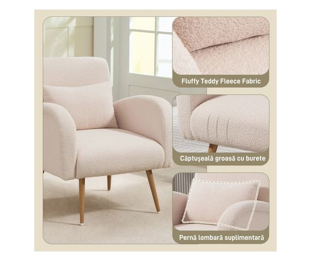 Modern Teddy Bársony Nappali Fotel Derékpárnával, Bézs Színben