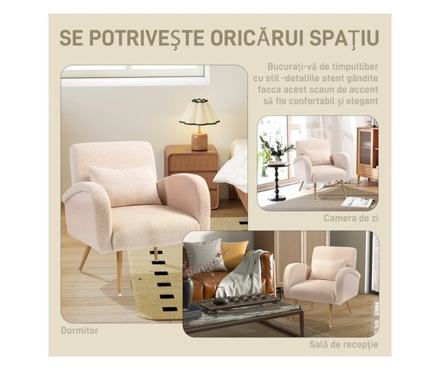 Modern Teddy Bársony Nappali Fotel Derékpárnával, Bézs Színben