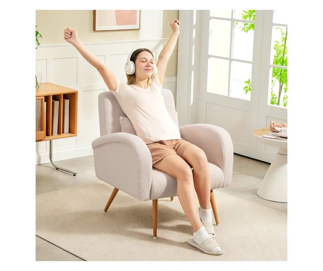 Modern Teddy Bársony Nappali Fotel Derékpárnával, Bézs Színben