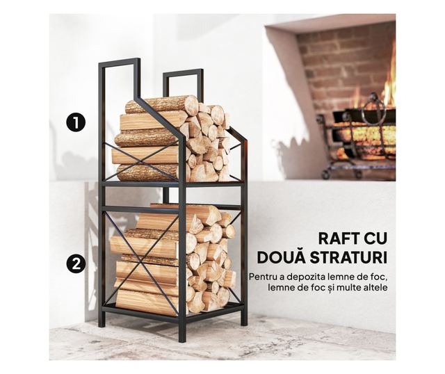 2 szintes fém kerti fatároló magasított alappal, fekete