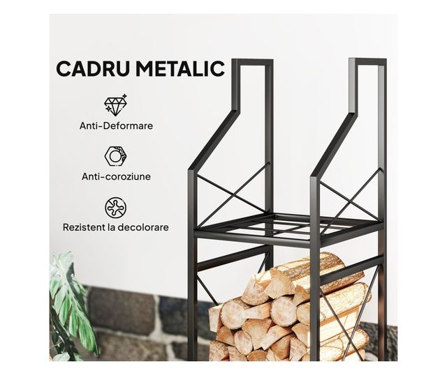 2 szintes fém kerti fatároló magasított alappal, fekete