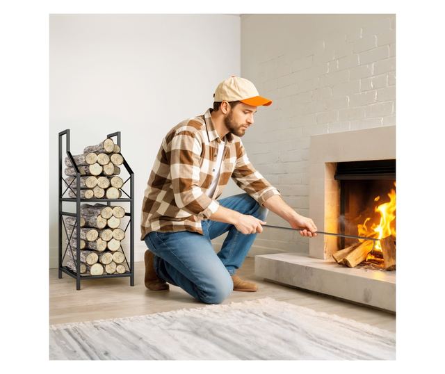 2 szintes fém kerti fatároló magasított alappal, fekete