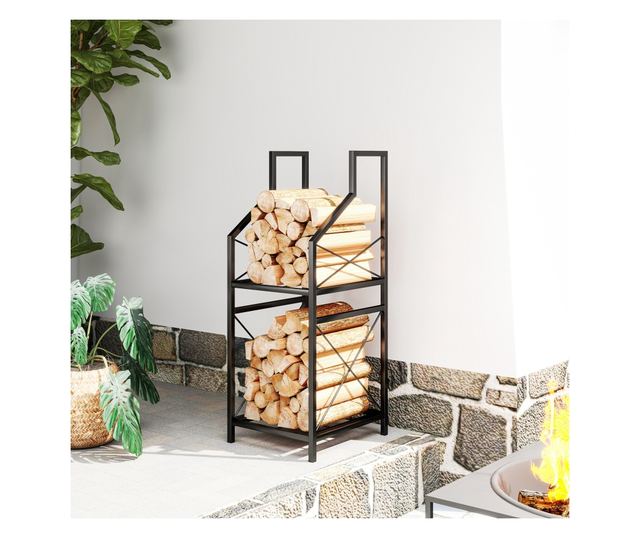 2 szintes fém kerti fatároló magasított alappal, fekete