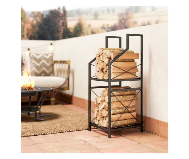 2 szintes fém kerti fatároló magasított alappal, fekete