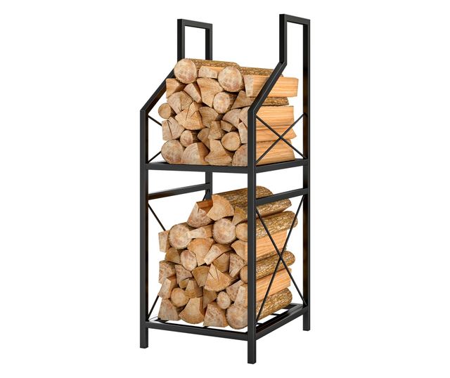 2 szintes fém kerti fatároló magasított alappal, fekete