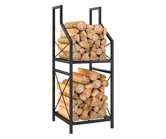 2 szintes fém kerti fatároló magasított alappal, fekete