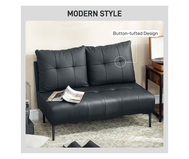 Gombos, steppelt műbőr karfa nélküli kétszemélyes kanapé - Fekete