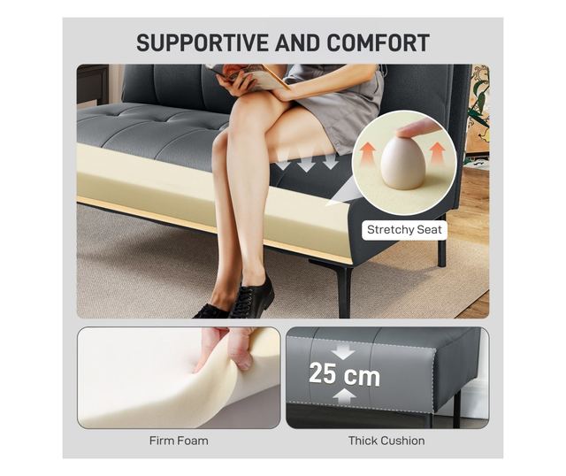 Gombos, steppelt műbőr karfa nélküli kétszemélyes kanapé - Fekete